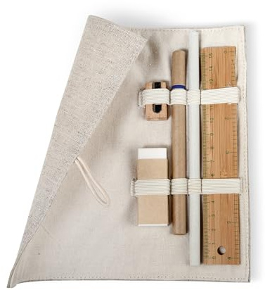 Compras Geschenkartikel estuche de yute y algodón Madera botón cierre 15 cm Bambú Regla Lápiz Bolígrafo Madera Sacapuntas goma de borrar
