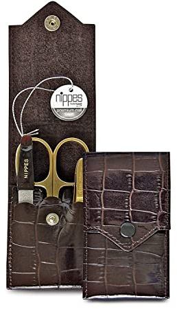 nippes Solingen Premium Line Maniküre Set Croco, 3-teilig, Vernickelt und vergoldet, Vergoldetes Nagelpflege Set, Rindsleder-Etui im Kroko-Design, Maniküre Pediküre, Made in Germany | dunkelbraun, edles Krokodesign, kombinierte Haut- und Nagelschere, Saphirfeile, hochwertige Pinzette, 95×50×15 mm