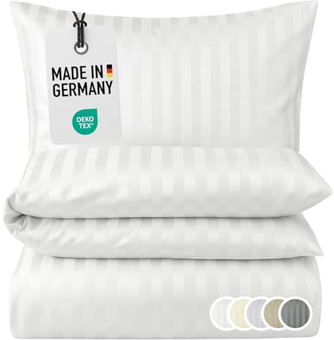 Carpe Sonno Damast Bettwäsche 135x200 cm Mako-Satin Streifen, Weiß | Hotel-Bettwäsche mit edlen Damast-Streifen | Bettbezug mit Reißverschluss + Kissenbezug 80x80 | 100 % Baumwolle