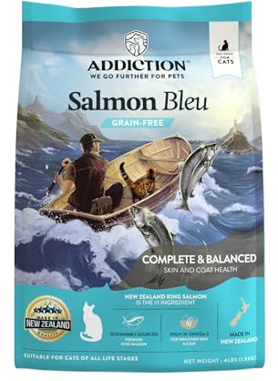 Addiction Salmon Bleu Grain-Free Dry Cat Food – Rich in Omega-3 for Healthy Skin & Coat – Complete & Balanced Salmon Recipe for All Life Stages – Made in New Zealand 4lb