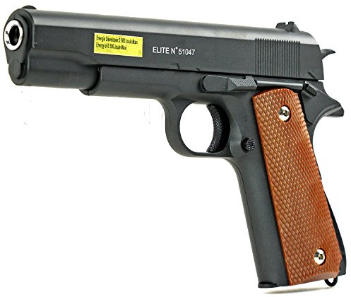 Softair-Pistole Stahl Waffe Airsoft Vollmetall schwarz braun Federdruck ca. 500 g schwer ab 14 Jahre unter 0,5 Joule 6 mm ca. 22 cm lang