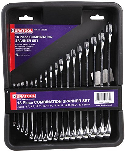 Duratool D03080 6-24mm Polished Chrome Combination Spanner Set, 18 Piece