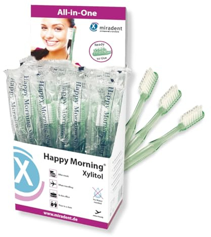 miradent Happy Morning® Einmalzahnbürste 50 St | mit Xylitol Zahncreme imprägniert | hygienisch einzeln verpackt | optimal für Kurzreisen | mit frischem Minzgeschmack