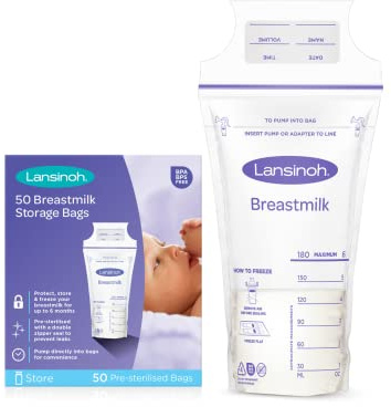 Lansinoh Breast Milk Storage Bags - Pre-Sterilised, Leakproof & BPA/BPS-Free - Fridge & Freezer Breastmilk Pouches - Pump into bag with Lansinoh Breast Pumps - Breastfeeding Essentials - 50 Pack