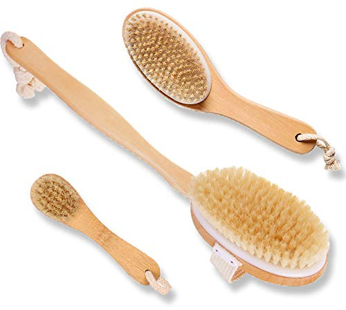 Touch Me 3 Set Body Brush Set - Long Wooden Dry Bath Body Back Brush, Contour Handle Natural Bristle Brush and Facial Brush