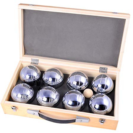 Engelhart - 010206 - Luxus-Holz-Pétanque-Spiel - 8 Chrom-Boules - Holz-Koffer - Outdoor-Spiel - Boules 74 mm + Pétanque-Zubehör - 2 bis 4 Spieler - Ab 6 Jahren