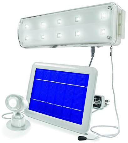 esotec Solar Lichtsystem mit Bewegungsmelder, Solarleuchte für innen & außen, LED Lichtleiste 6500K, Schuppenbeleuchtung, Campinglampe, 10 LEDs 102091