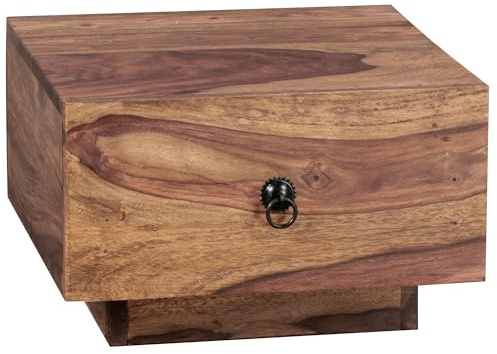 FineBuy Nachttisch 40x40x25 cm Sheesham Massivholz Niedrig, Schublade | flaches Nachtkästchen für Futonbett, Nachtkonsole aus Echtholz mit Metallgriff, handgefertigtes Unikat