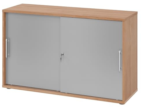 bümö Schiebetürenschrank 2OH - Aktenschrank abschließbar, Sideboard Schrank mit Schiebetüren in Nussbaum/Silber - Büroschrank aus Holz mit Schiebetür, Büro Kommode für Ordner & Co.