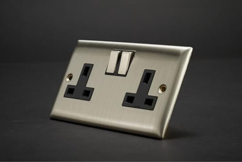 Lyvia Dencon Brushed Stainless Steel/Satin Chrome Double Twin Plug Socket with Rounded Edge and Black Inserts