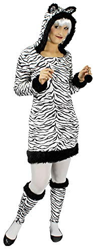 Körner Festartikel Zebra Tierkostüm für Damen | Kleid mit Stulpen - Schwarz Weiß Tierkostüm Kleid Kapuze Dschungel Afrika Karneval Fasching Mottoparty Theater Steppenpferd Gr. 32 34