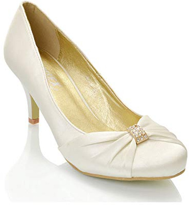 NEW Womens Low Heel Satin Diamante Buckle Ladies Bridal Evening Party Prom Bridesmaid Court Shoes 3-8