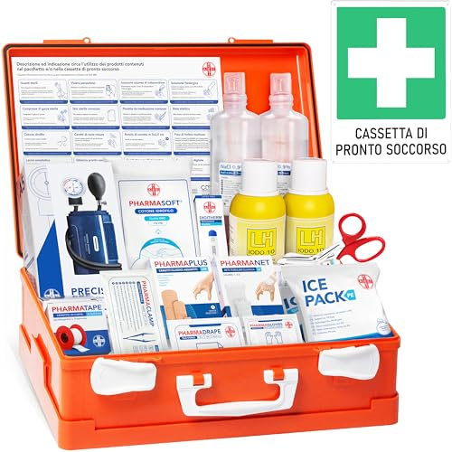 AIESI® Cassetta medica di pronto soccorso ALLEGATO 1 CON SFIGMOMANOMETRO per aziende più 3 dipendenti, Conforme DM388/DL81, Made in Italy