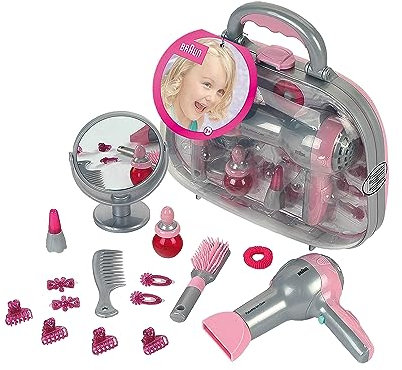 Theo Klein 5855 Frisierkoffer mit Braun Haartrockner|Mit Spiegel, Kamm und viel Styling-Zubehör|Robuster Koffer mit batteriebetriebenem Fön|Maße: 27,5cm x 11cmx22,2cm|Spielzeug für Kinder ab 3 Jahren