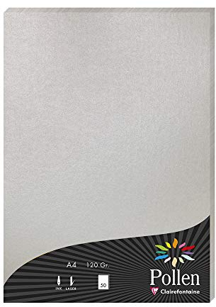 Clairefontaine 4199C - Astuccio da 50 fogli - Formato A4 (21x29,7cm) - 120g/m² - Colore argento - Biglietti d'Inviti Eventi e Corrispondenza - Gamma Pollen - Carta Premium Liscia