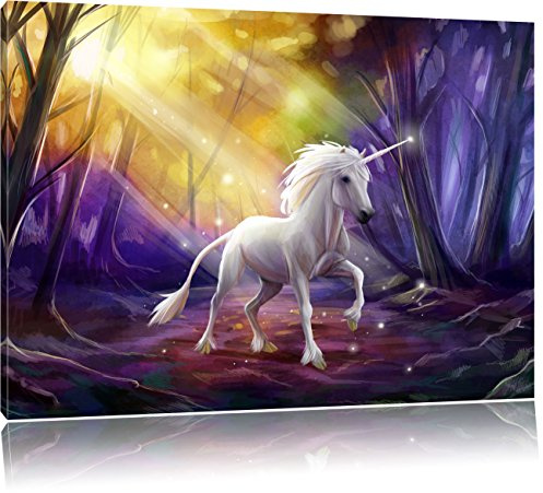 Pixxprint Einhorn im Märchenwald, Größe: 100x70cm, Leinwandbild, fertig gespannt, Wandbild, Dekoration, Kunstdruck, kein Poster