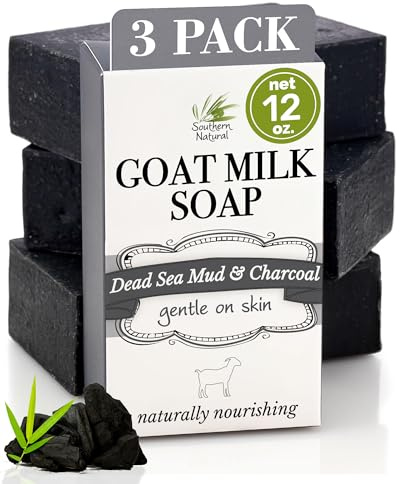 Southern Natural Activated Charcoal Soap Bar (3 Pack) Face and Body Soap For Sensitive Skin With Dead Sea Mud, Goat Milk & Peppermint Essential Oil