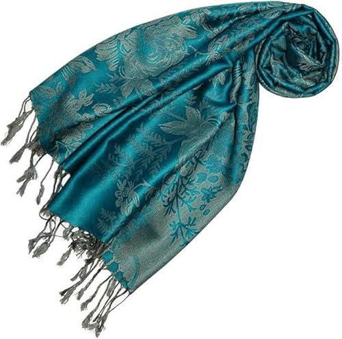 LORENZO CANA Designer Damen Pashmina hochwertiger Markenschal floral gewebtes Blumen Muster Damast Webart 70 cm x 180 cm Modal Schaltuch Schal Tuch Jacquard Damenschal türkis 93233