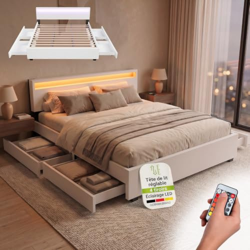 Juskys Polsterbett Lyon 180x200 cm mit Bettkasten, LED Beleuchtung, Lattenrost & Kunstleder, weiß, Bett Bettgestell Doppelbett Ehebett