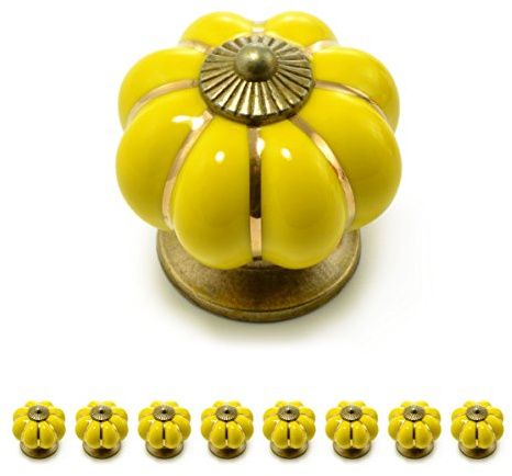 Ganzoo tiradores para muebles de porcelana en forma de corona, amarillo, look vintage con adorno efecto bronce antiguo, para frentes y puertas, Ø38mm fondo 38mm, montaje con tornillo estándar, 8 uds