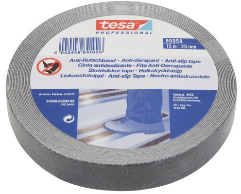 tesa Professional Anti-Rutschband - 15 m x 25 mm - Schwarz | Rutschfestes Klebeband - für Innen- und Außenbereich - sorgt für sicheren Tritt auf Treppen, Leitern und glatten Böden