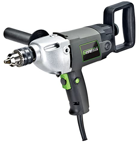 Genesis 1/2 9.0 Amp Electric Drill Variable Speed Electric Mud Mixer Drill with Lock-On Button, Three-Position Auxiliary Handle, Two-Position Spade Handle, Chuck Key, and 2 Year Warranty GSHD1290