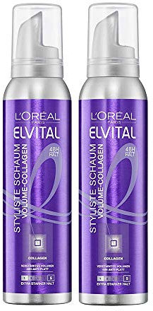 L'Oréal Paris Elvital Stylist, fissante in schiuma, volume XXL e effetto anti-piastra, tenuta ultra forte, senza parabeni, collagene volumizzante in schiuma, 2 x 150 ml