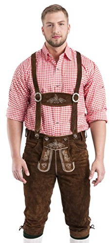 Traditionella lederhosen för män – knäbundna lederhosen i mörkbrunt eller mellanbrun, med hängslen, 48 SE
