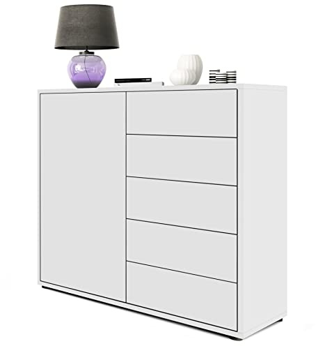 Vladon Sideboard Ben V2, Made in Germany, Kommode mit 1 Tür und 5 Schubladen, Weiß matt/Weiß matt (79 x 74 x 36 cm)