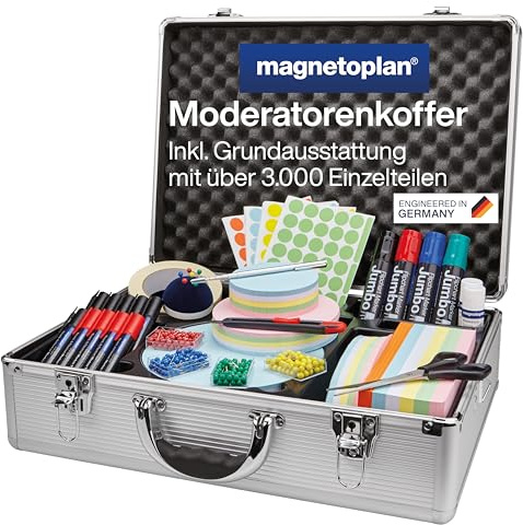 magnetoplan Moderationskoffer l Inkl. 3000 Teile l HxBxT 340x470x165mm l Hochwertiger Aluminiumkoffer, abschließbar l Für Schulungen & Seminare | Hochwertiger Koffer prall, gefüllt l Für Schulung + Seminar | Mit Trageriemen und Griff | HxBxT 340x470x165mm