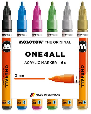 Molotow One4All 127HS Acryl Marker Metallic-Set (2,0 mm Strichstärke, hochdeckend und permanent, UV-beständig, für fast alle Untergründe) 6 Stück sortiert