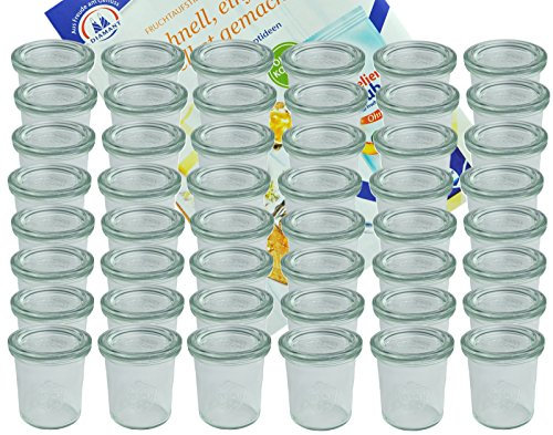 MamboCat 48er Set Weck Gläser 140 ml Sturzgläser mit 48 Glasdeckeln incl. Diamant-Zucker Gelierzauber Rezeptheft I Original Weck Sturzglas Dessertglas I Einweckgläser mit Deckel für Kuchen Gelees
