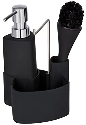 WENKO Spül-Set Mod. Empire, 4 in 1 - Spülmittelspender, Spülbürste, Spültuchhalter & Organizer, hochwertige Keramik mit Soft-Touch Oberfläche, Fassungsvermögen 250ml, 11 x 19 x 12,5 cm, Schwarz