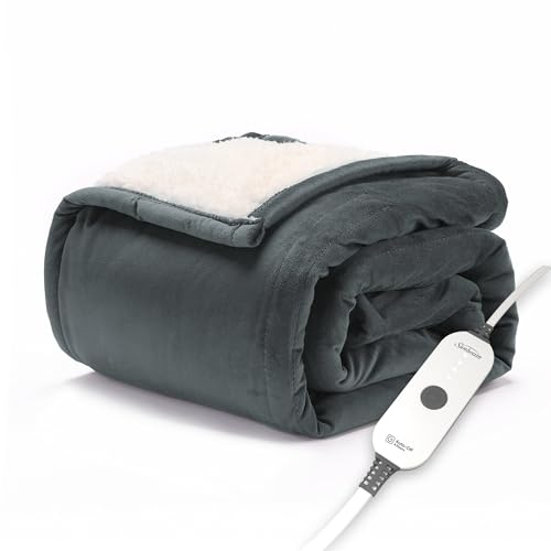 Sunbeam Electric Throw Royal Mink Sherpa Heated Blanket, 4 Heat Settings, 4-Hour Auto Shut-Off, Fast Heating, Luxurious and Ultra Comfy, Night Fog Color, 50 x 60