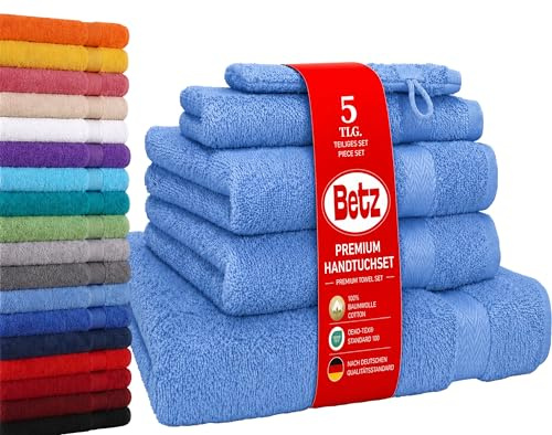 Betz Premium Frottier Handtuch-Set 5-teilig - 1x Liegetücher - 2X Handtücher - 1x Gästetücher - 1x Waschhandschuh - Farbe hellblau