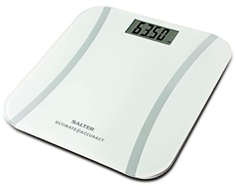 Salter 9073 WH3R digitale Personenwaage - mit Fettanalyse, LCD Display, elektronische Glaswaage mit hoher Genauigkeit, 50-g-Inkremente, Step-on, Teppichfüße im Lieferumfang enthalten, 180kg, weiß