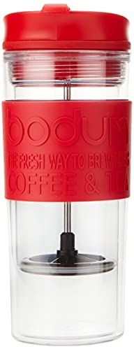 Bodum Insulated Plastic Travel French Press Coffee and Tea Mug, 0.45 L, 15oz, Red (11100-294BUS)