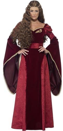 Smiffys Disfraz de reina medieval de lujo, Rojo, con vestido, cinturón y adorno para la cabeza Halloween, Carnaval