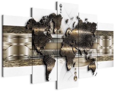 B&D XXL - Weltkarte Bilder für Wohnzimmer 200x100 cm 5 tlg Modern Leinwandbild Groß Wandbilder auf Leinwand XXL Schlafzimmer Wanddekoration Abstrakte Landkarte - Kontinente World Map k-A-0022-b-n