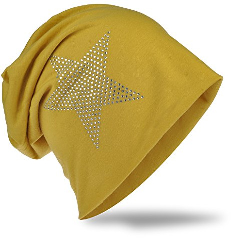 Miobo slouch beanie i jersey, lång mössa, stjärna med strassdetaljer, unisex, enfärgad, herr, dam, trendig, senapsgul, En Storlek