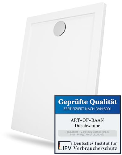 Art-of-Baan® duschkar 120 x 80 cm I duschkar av sanitär akryl I mycket platt duschkar I duschkar i vitt I DIN anslutning I reptålig och halkfri I platt duschkar inkl. avloppssats