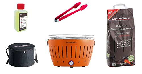LotusGrill Juego de iniciación Classic naranja mandarina con USB, 1 x carbón haya 2,5 kg, 1 x pasta combustión 200 ml, 1 x pinzas salchichas