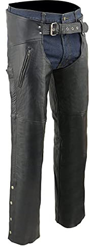 Milwaukee Leather LKM5782 Herren-Chaps aus Leder, mit doppelseitigem Reißverschluss, Oberschenkeltaschen, Größe XXL, Schwarz