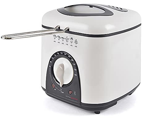 KitchenPerfected 1.0Ltr Compact Deep Fryer / Non-Stick / Thermostat Control / Frying Basket With Removable Handle / Non-Slip Feet / Detachable Lid / Viewing Window - Ivory White - E6010WI