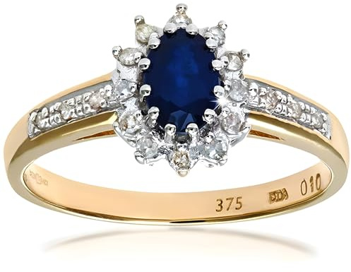 Naava Women's Sapphire and 12 Diamond Set Shoulders 9 ct Yellow Gold Ring - Size O