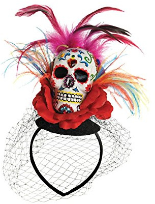 Amscan 846148-55 - Haarreif mit Totenkopf, Einheitsgröße für Erwachsene, mehrfarbiger Totenkopf, mit Fransen, Schleier und Federn verziert, auffälliger Kopfschmuck für Karneval und Halloween