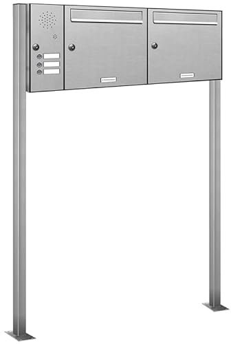 AL Briefkastensysteme 2er V2A Edelstahl Standbriefkasten mit Klingel rostfrei als 2 Fach Briefkastenanlage in Postkasten Doppel-Briefkasten Design modern