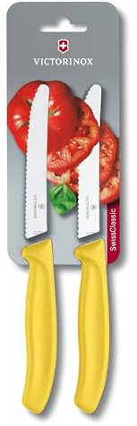 Victorinox Swiss Classic set om 2 grönsaksknivar med tandad egg, 11 cm blad, rostfri, tillverkad i Schweiz, gul