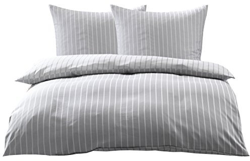 Bettwaesche-mit-Stil Mako Satin Damast Streifen Wendebettwäsche Santiago gestreift (Silber - grau, 200cm x 220cm + 2X 80cm x 80cm)