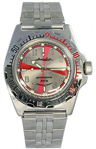 VOSTOK | Amphibia 110651 Radio Room Automatic Self-Winding Diver Wrist Watch | WR 200m | Silver Dial Mechanical Watch | Luminous dots | Steel Bracelet